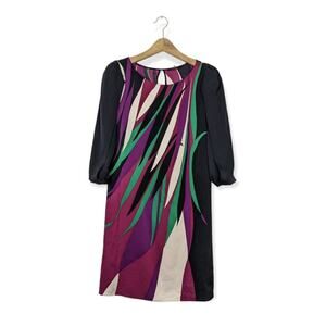 Elie Tahari Black Purple Abstract Print Silk Midi Dress Size S